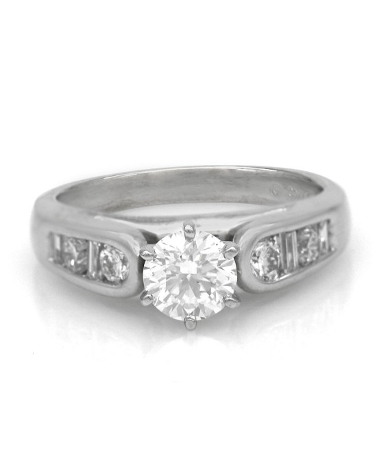 0.75ct Round Brilliant Diamond Engagement Ring with Round and Baguette Side Diamonds